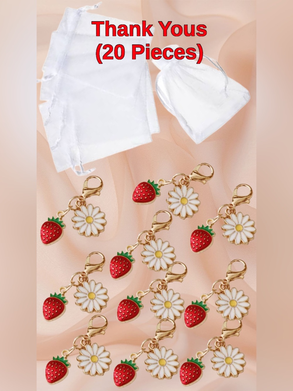 20 Piece Thank You - 10 Strawberry & Daisy Enamel Charms & 10 Organza Bags